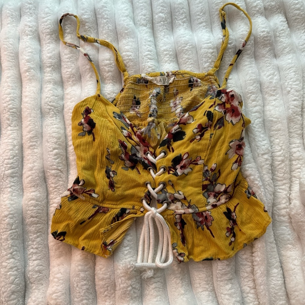 La Hearts Yellow Floral Lace-Up Camisole